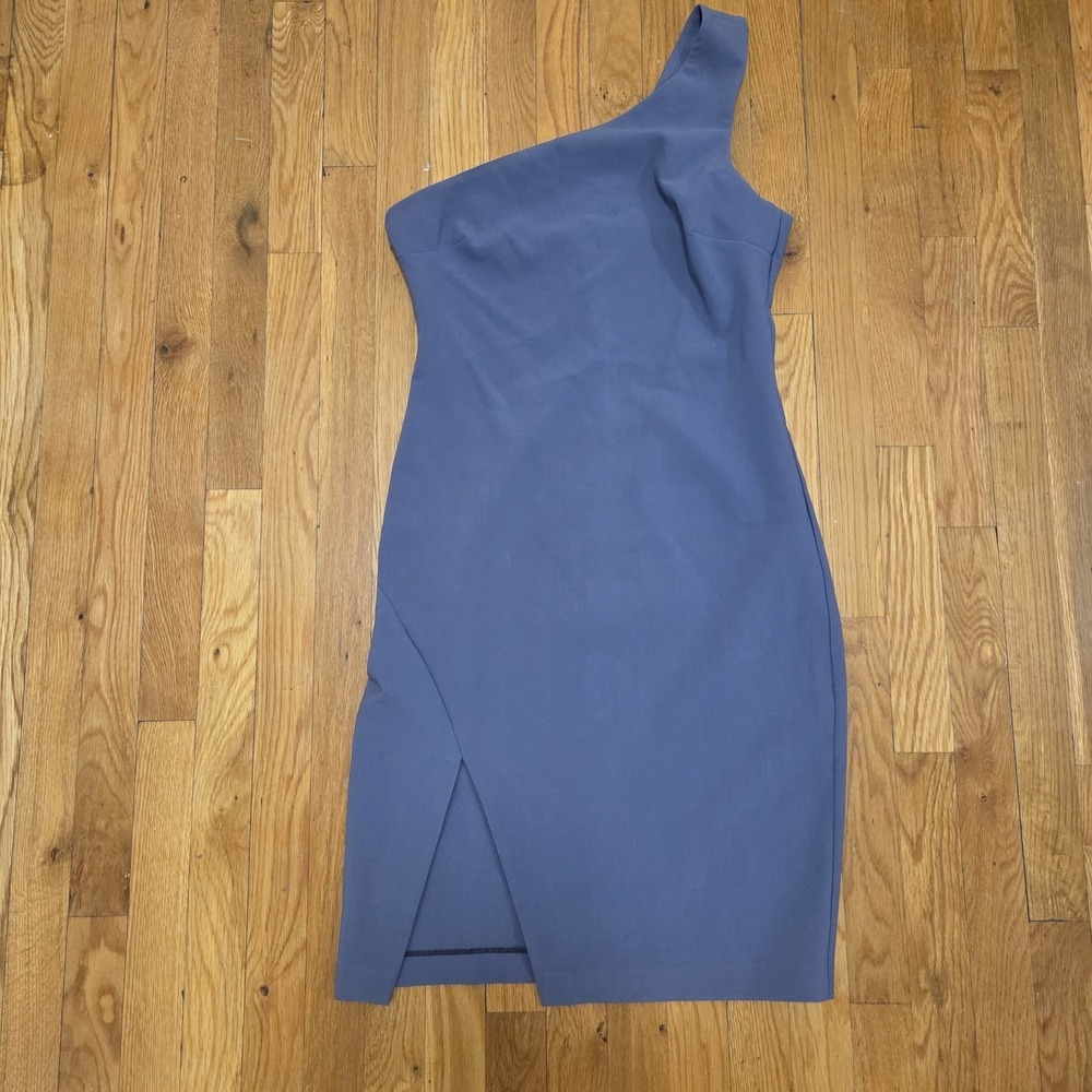 Likely Womens One Shoulder Slate Blue Midi Dress Slit Bodycon Cocktail Size 10